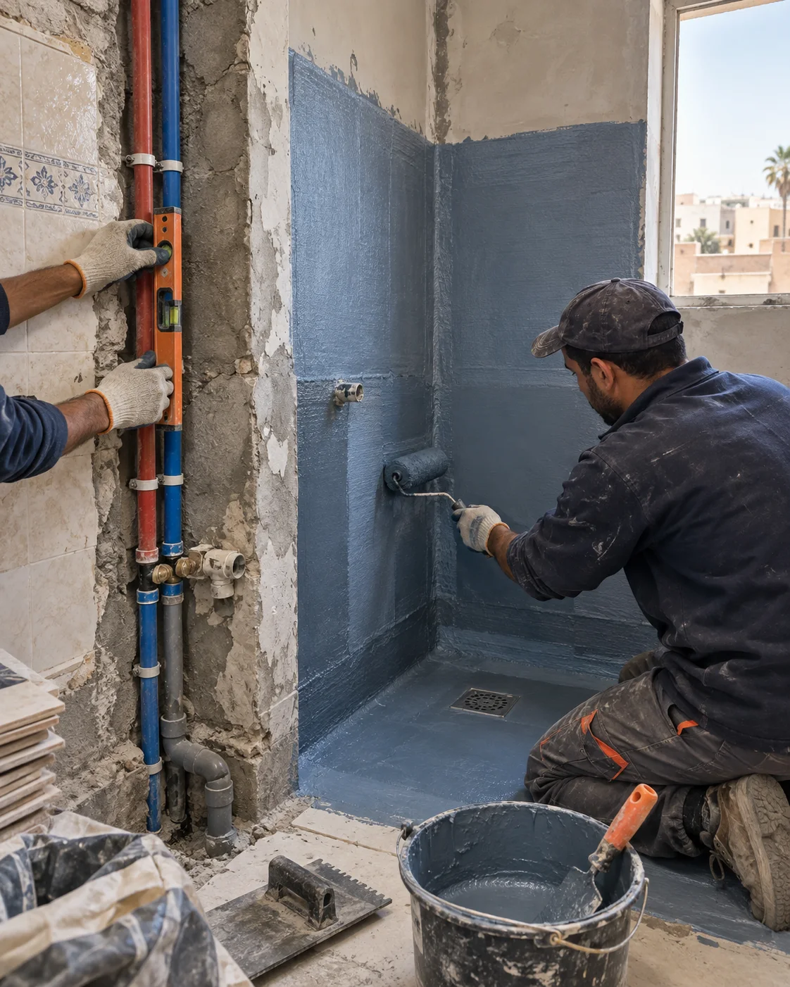 Ouvrier appliquant une étanchéité dans une salle de bain