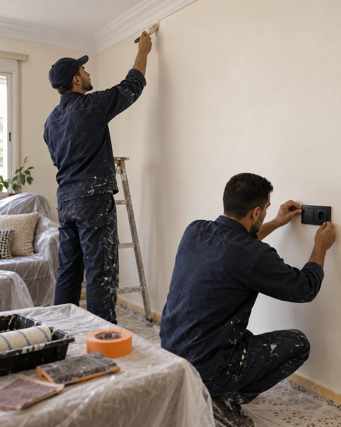 Deux ouvriers réalisant les finitions d’un salon