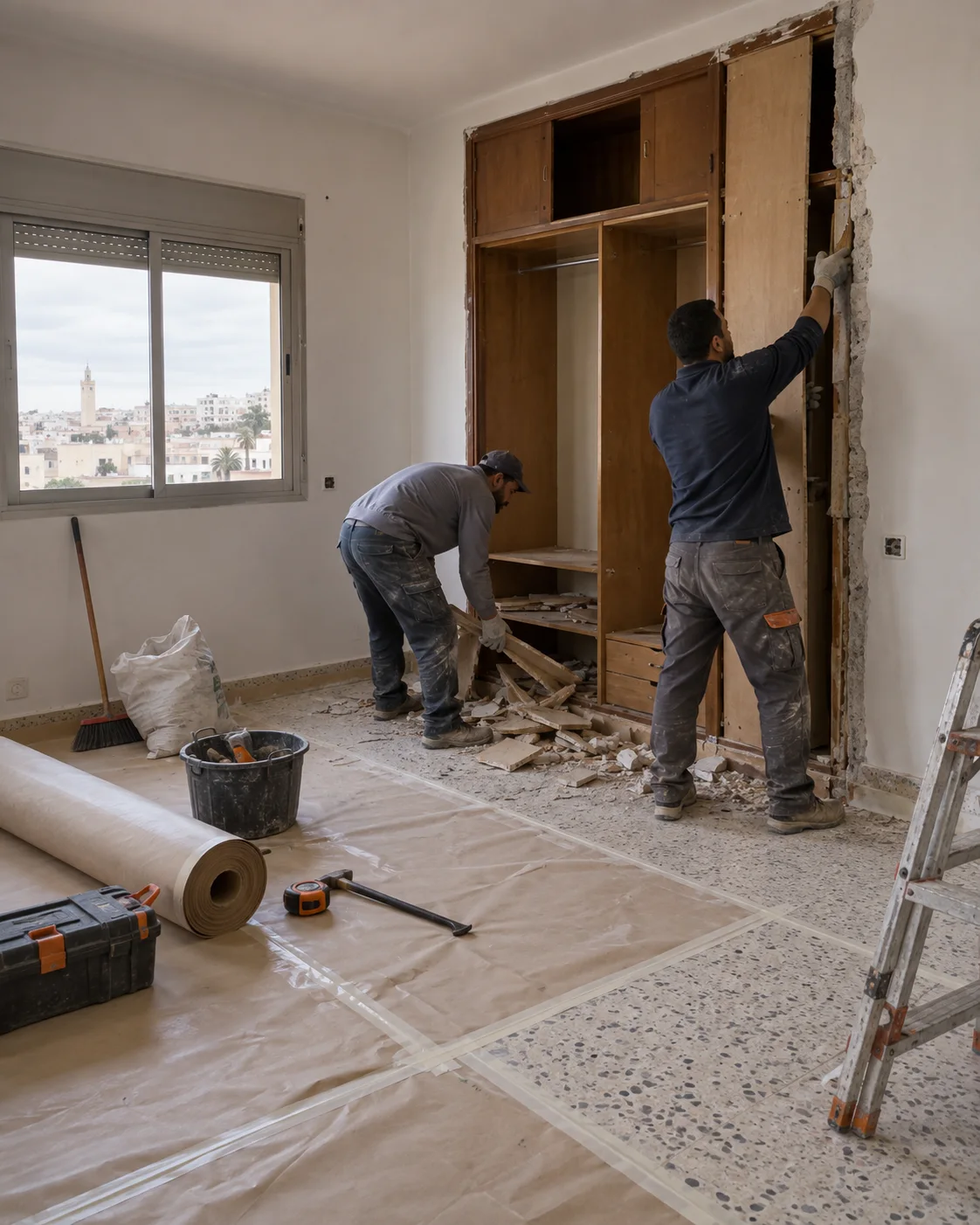 Deux ouvriers préparant une pièce avant rénovation